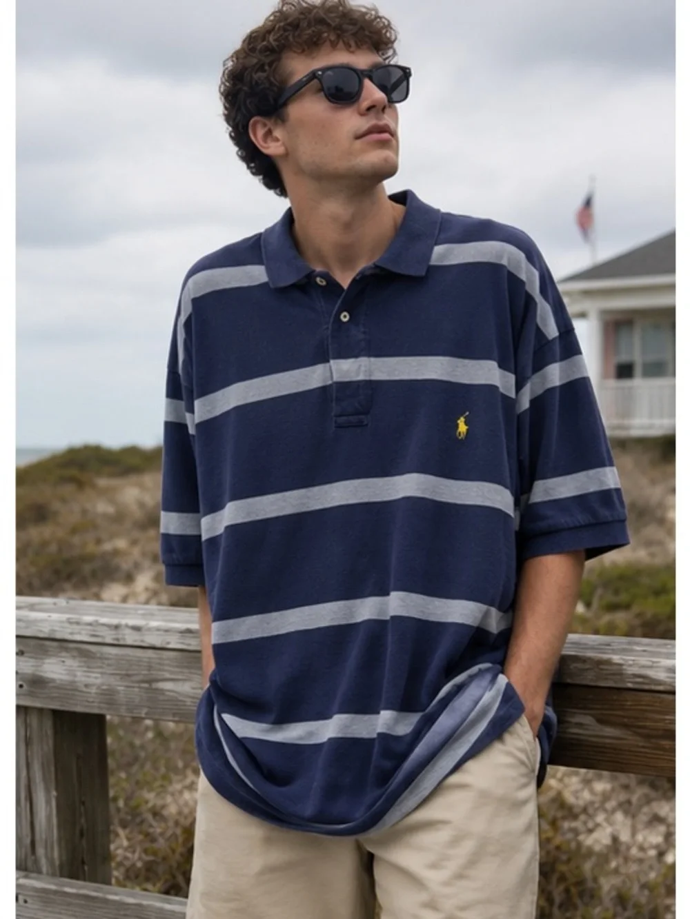 Polo Ralph Lauren Striped Polo Shirt 3XLT Navy Oversized Dadcore Preppy